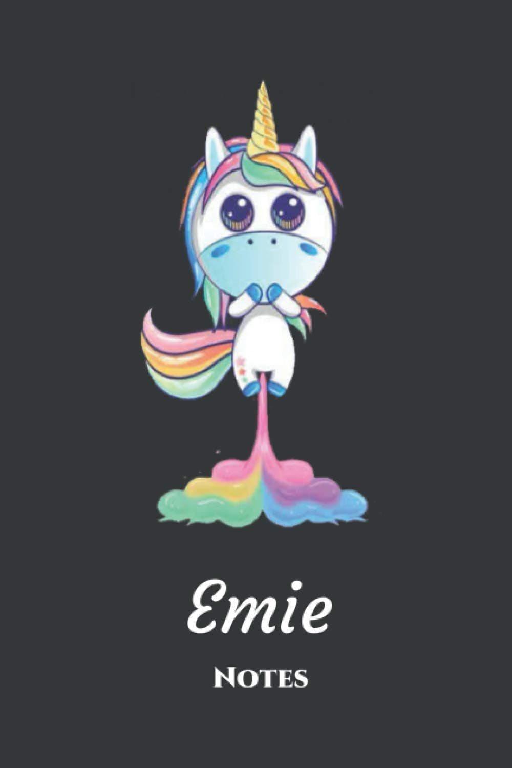 Emie - Notes: Personnalisé Carnet de notes / Journal pour les filles et les femmes. Kawaii Licorne pétant arc-en-ciel. cadeau original anniversaire femme.