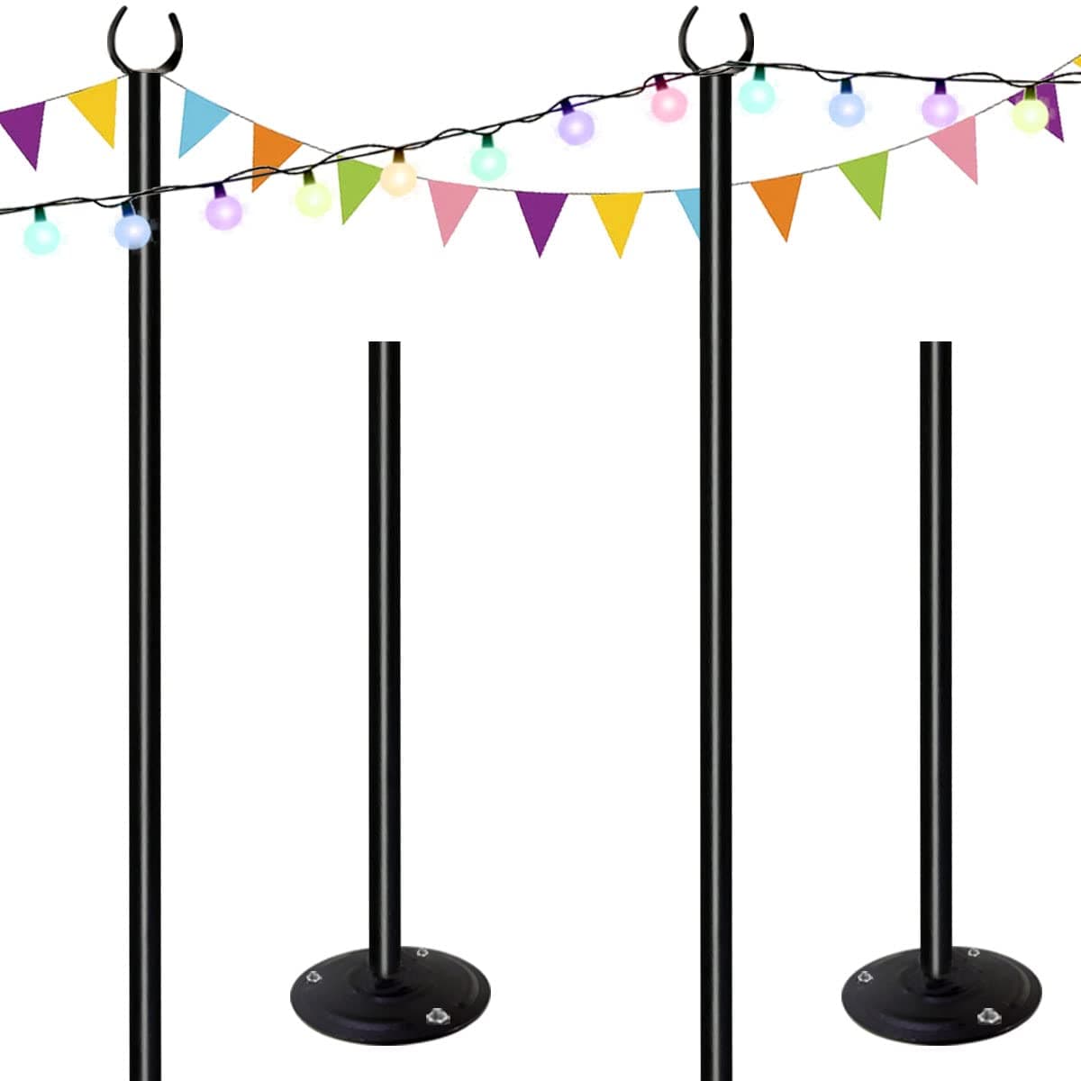 10ft String Light Poles for Hard Surfaces, Light Poles for Outdoor String Light, Perfect for Garden, Backyard, and Patio Lighting Stand for Parties, Wedding - Matte Black Finish - 2 Pack