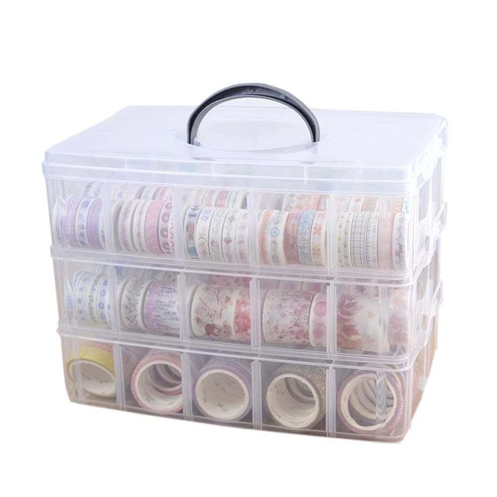 Washi Tape Holder, Washi Tape Box Organizer Craft Storage - 3 Layer Large Divider Closet Container, with 30 Adjustable Compartments, Clear