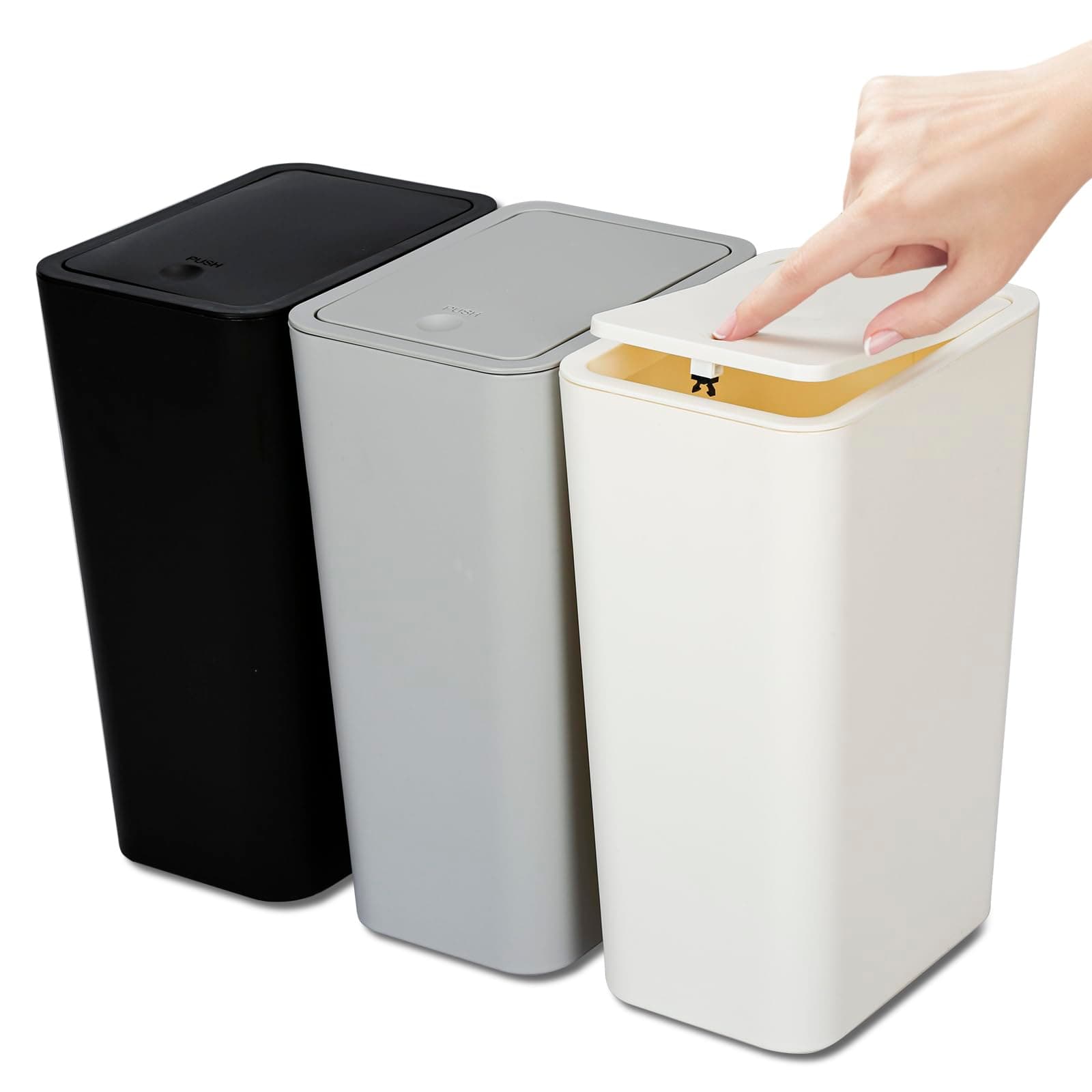N. NETDOT 3 Pack 10L/2.6 Gal Bathroom Trash Can with Lid, Trash Bin with Press Lid, Small Trash Can/Slim Garbage Cans/Waste Basket for Bathroom,Kitchen,Office,Bedroom - Black,Gray,Off White