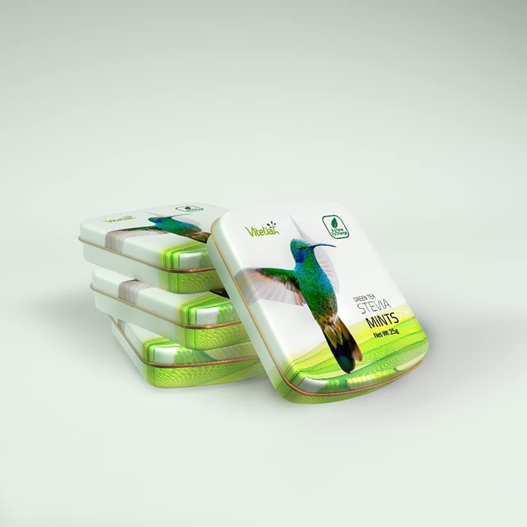 Stevia Viteliah Green Tea Breath Mints – Sugarless Candy with No Calories – Keto and Diabetic Friendly – Dentist Recommended Healthy Candy – Metallic Tin Box Pack of 4