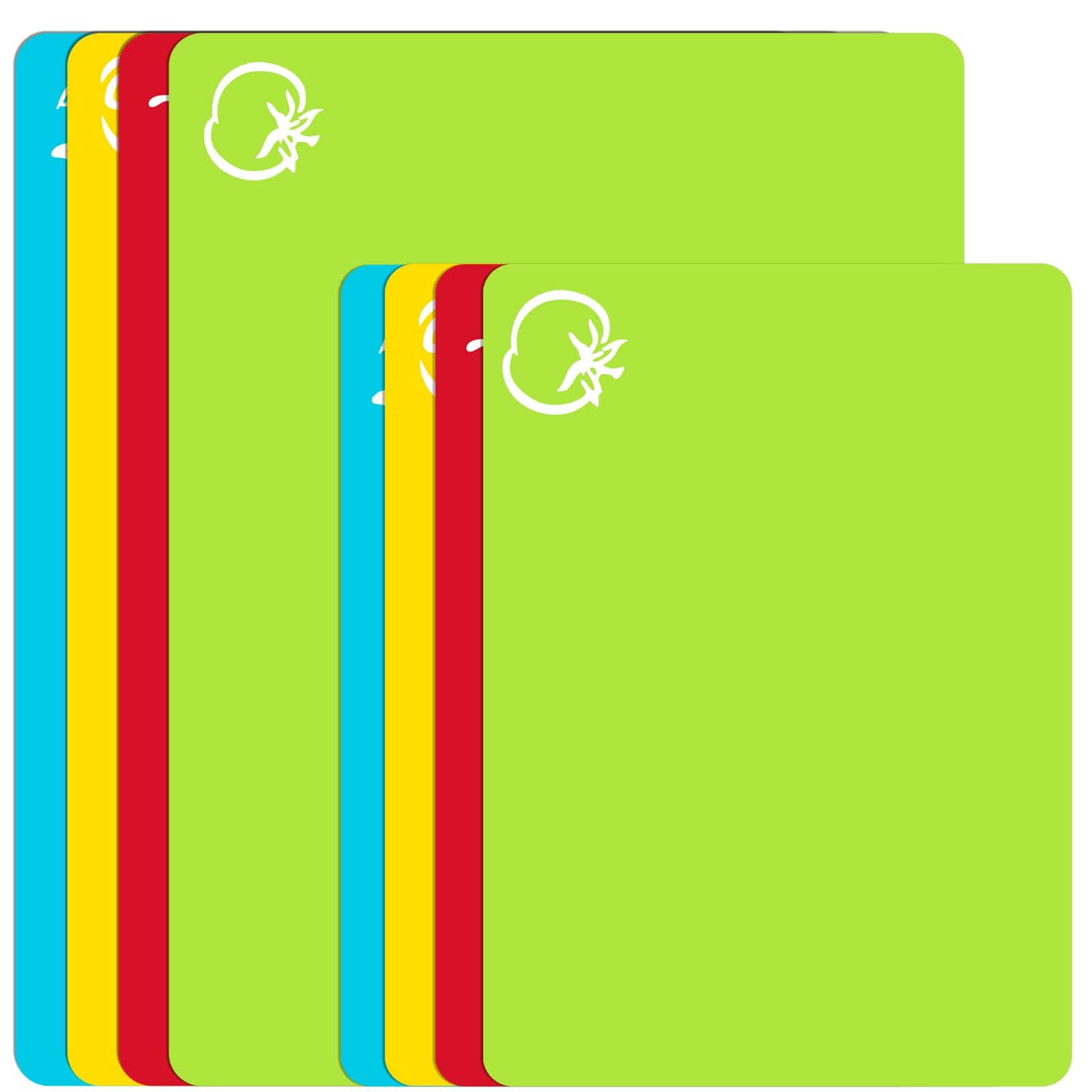 Elyum Cutting Boards, Colored Cutting Mat Flexible Plastic Cutting Board Set Chopping Board with Food Icons, Dishwasher Safe Cutting Boards for Kitchen Meat and Vegetables (Set of 8)