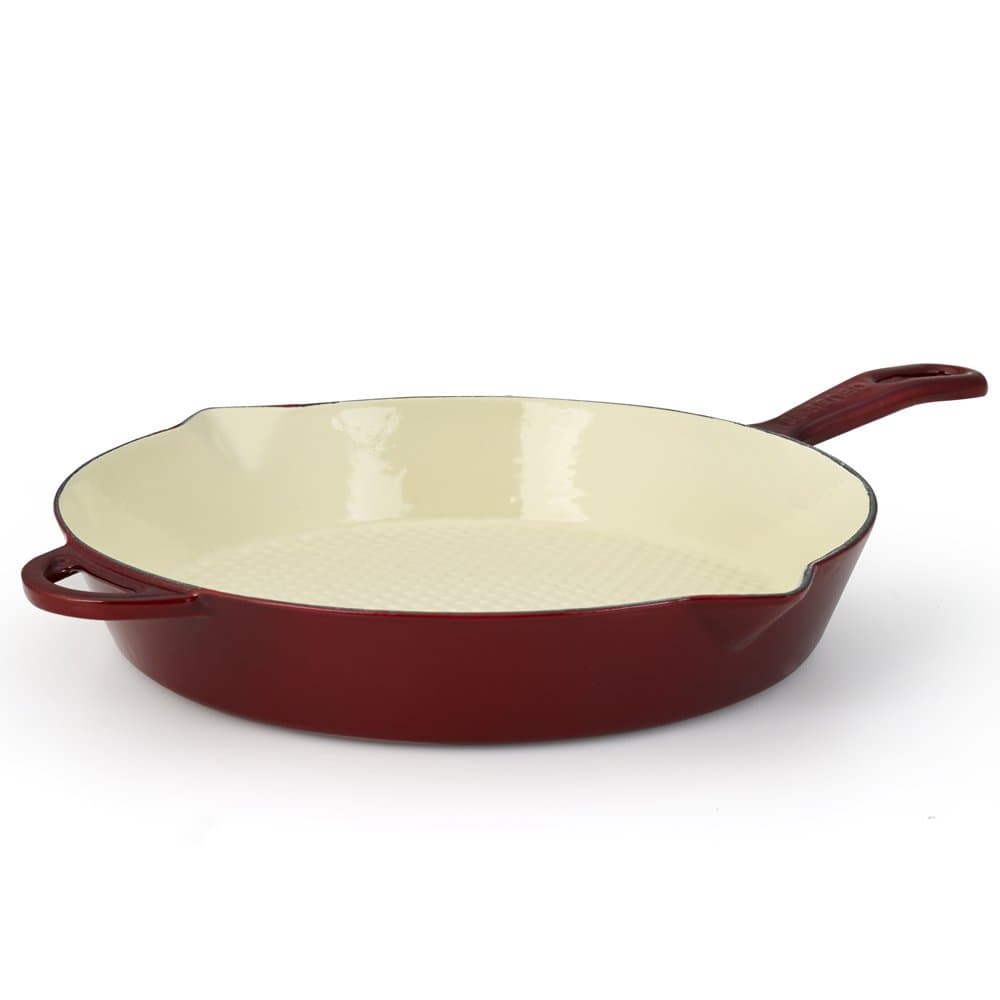 Essenso Enamelled Cast Iron Frying Pan, Enamel, Ceramic Coating, 28 cm, Dark Red/Cherry/Cream, Induction and Glass Hob Compatible