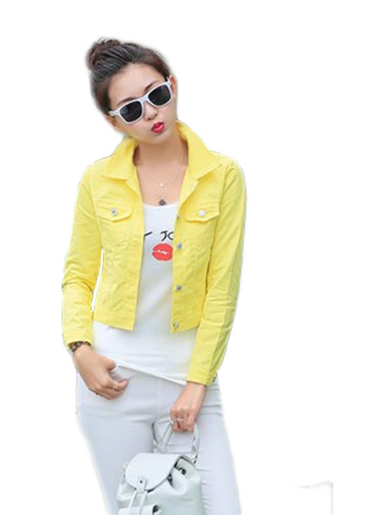 Feelmaker women's lapel long sleeve thin candy color wash denim jacket coat (yellow,S)