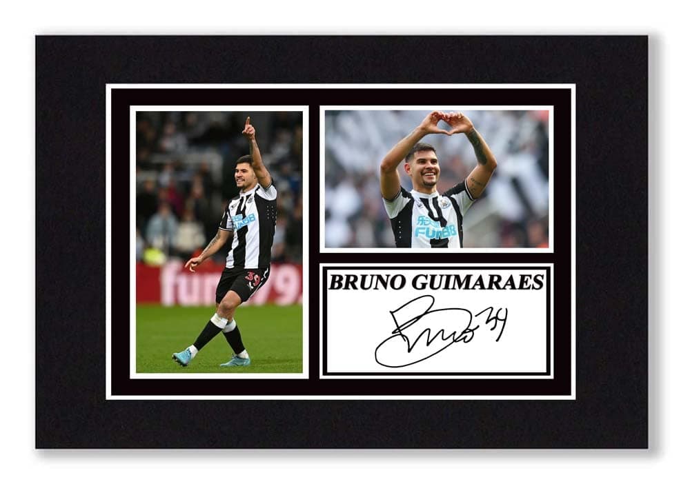A4 Mounted Signed Bruno Guimaraes Newcastle Utd Photo Montage - Pre Printed Autograph - Ready To Be Framed - Artwork, Wall Art Football Memorabilia