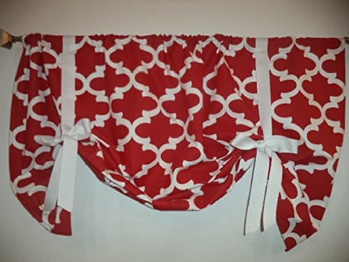 Red Scalloped Tie Up Valance Curtain panel Moroccan, trellis, With ties. Adjustable Length, Window treatment, red and white, home decor. 56 wide.