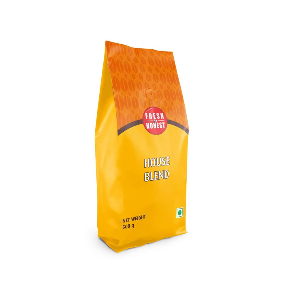FRESH & HONEST House Blend, Roasted Coffee Beans, 500 g Pouch with Medium to Dark Roasting, Full Body & Crema