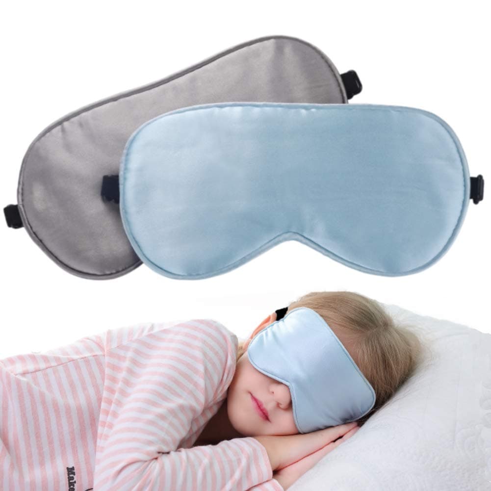 2 Pack Lonfrote Children Eye Mask Smooth Blindford for Travel Relax Supper Soft Natural Silk Sleep Mask for Kids Sleeping(Blue & Grey)
