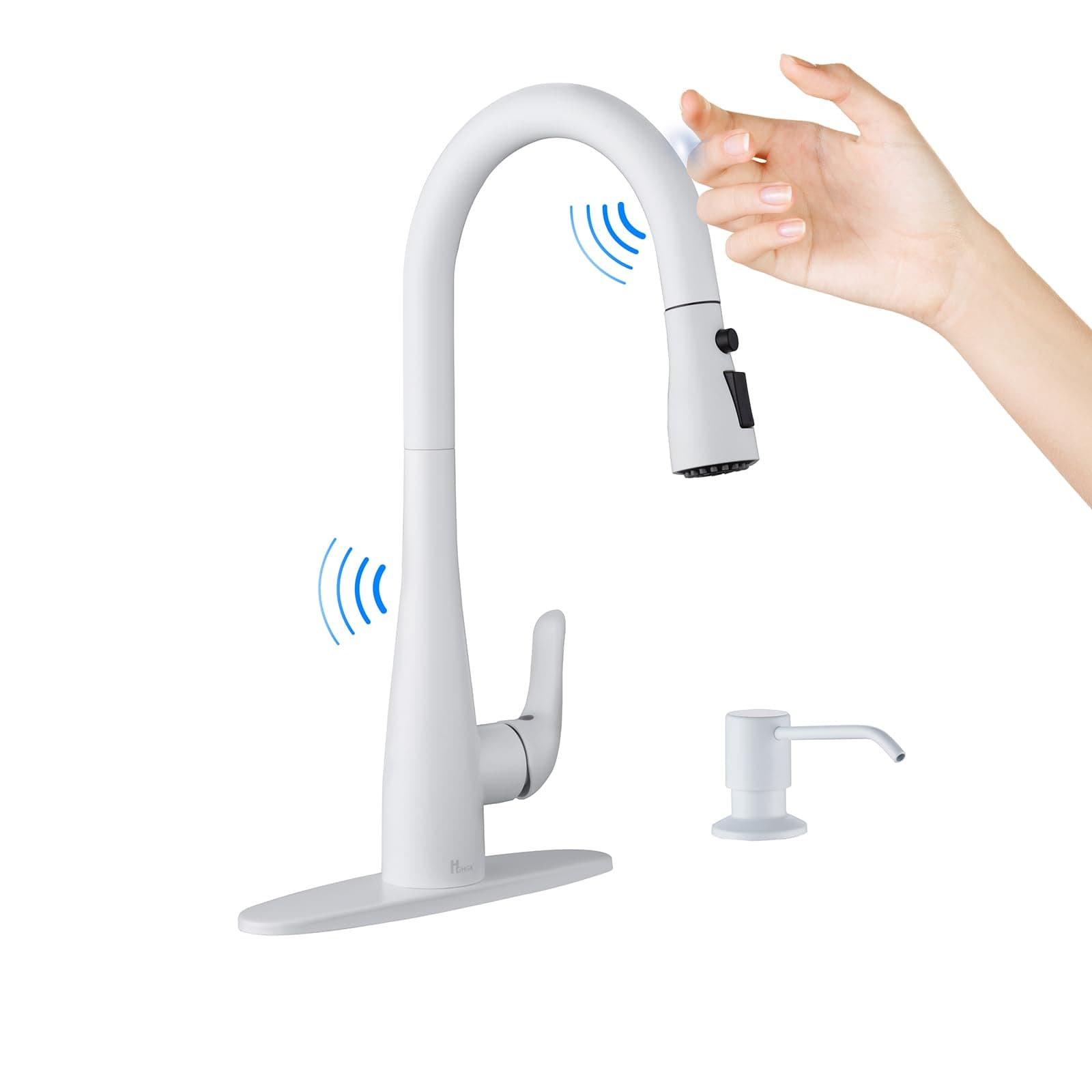 Touch on Kitchen Faucet with Soap Dispenser and Pull Down Sprayer - Single Handle Kitchen Sink Faucet, 1 or 3 Hole Design for Modern Farmhouse Kitchens, Rv, and Bar Sinks (White)