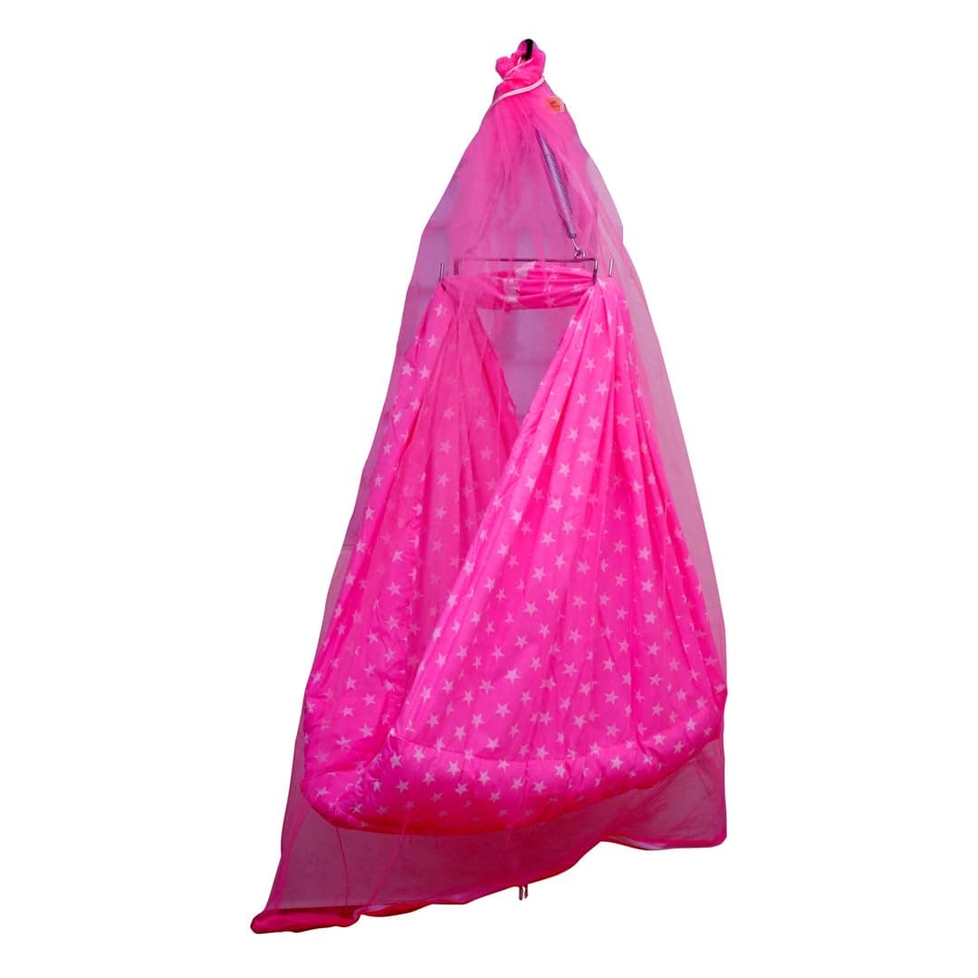 Little Chime New Born Baby Cotton Non Detachable Bed Cradle with Spring Set and Mosquito Protection Net/Cradle/Jhula/Jhoola/Cotton Cradle Cloth/Hanging Swing(Pink)