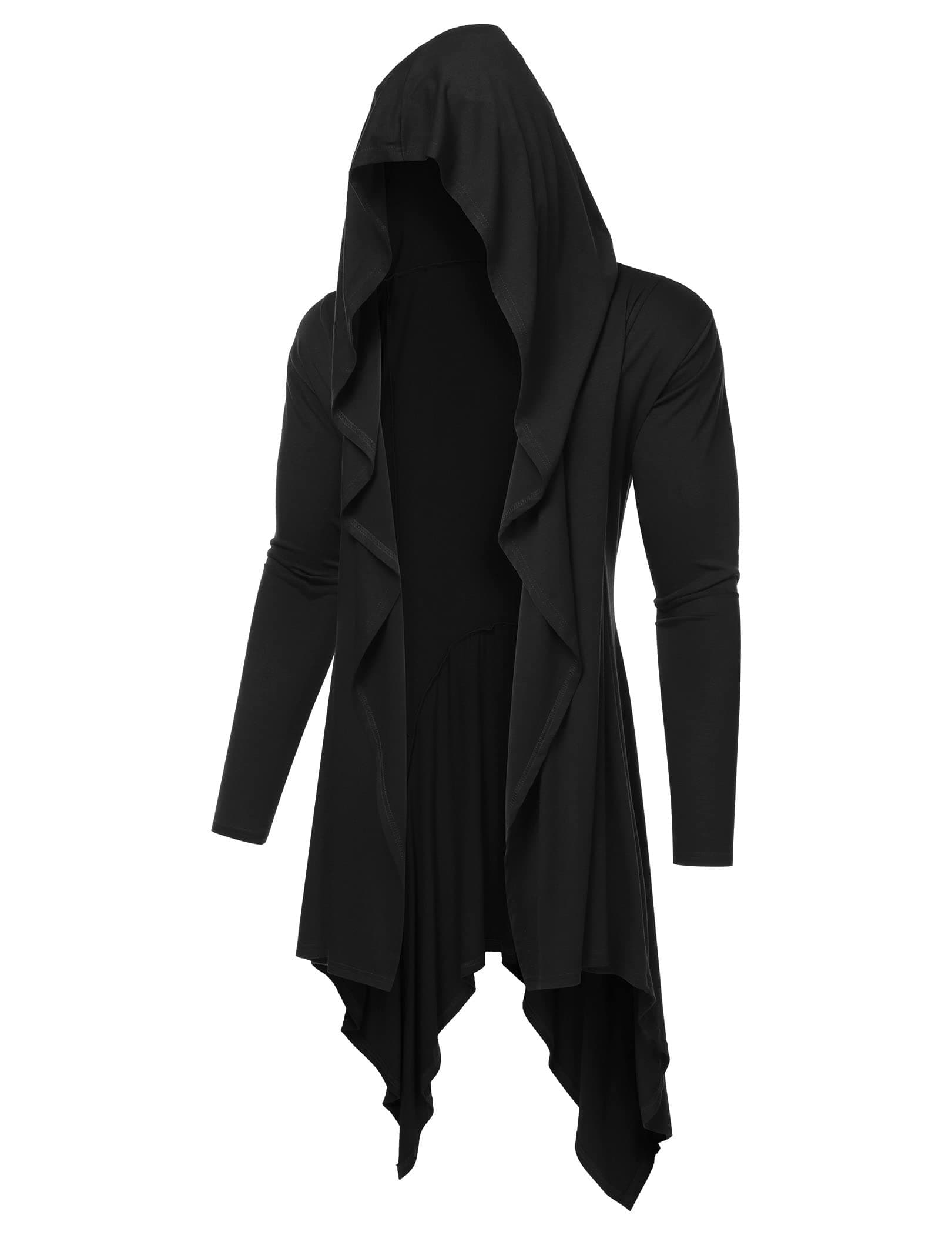 Long Hooded Cardigan Ruffle Shawl Collar Open Front Lightweight Drape Cape Overcoat with Pockets