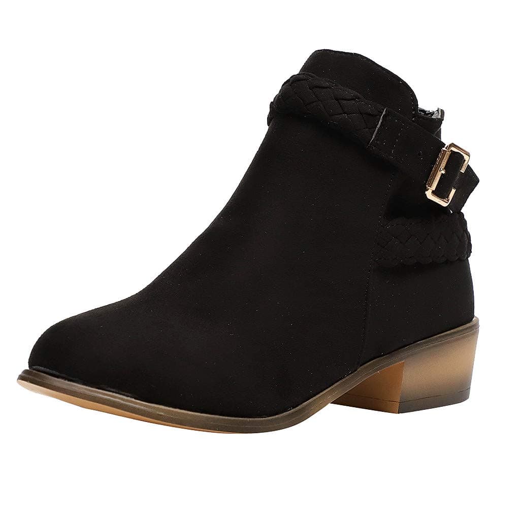HAPPIShare Madeline Western Almond Round Toe Slip on Bootie - Low Stack Heel - Zip Up - Casual Ankle Boot