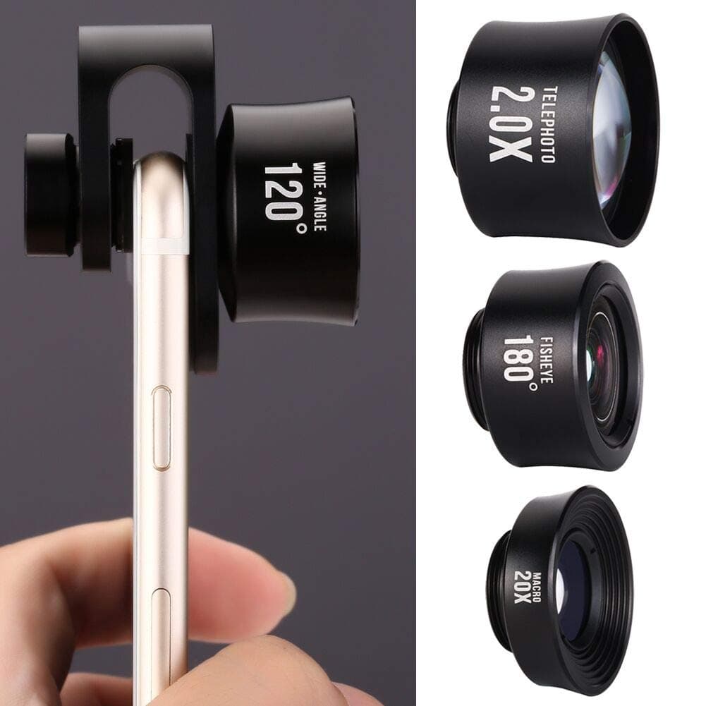 iPhone Lens, Phone Camera Lens Kit - 2.0X Zoom Telephoto Lens, 20X Macro Lens, 120°Wide Angle Lens, 180°Fisheye Lens, 4 in 1 Clip On Cell Phone Camera Lens for iPhone X/8/7/6/5 & Samsung & Smartphones