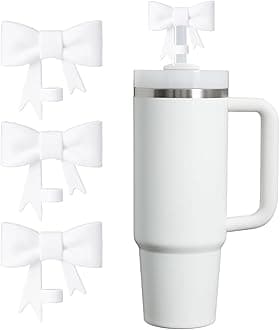 HIUSITY White Bow Straw Cover Topper for Stanley Cup,Silicone Straws Toppers for Tumbler with Handle 40oz,Cute 10mm/0.4in Covers Cap,Reusable Lids for Stanleys Cups Accessories, 3Pcs