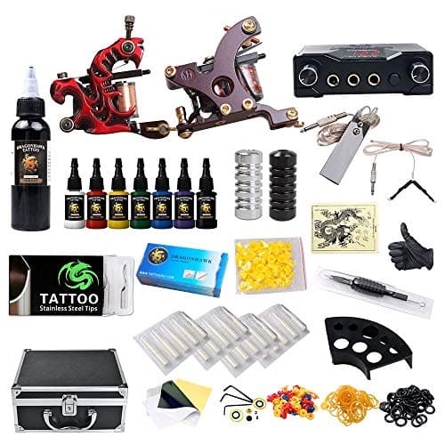 Professional Complete Tattoo Kit 2 Top Machine Gun 8 Color Ink 50 Needles Power Supply