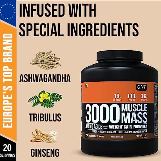 QNT 3000 Muscle Mass Weight Gainer | 18g Protein, 1.5g Creatine, 110g Carbs | 908g, Kesar Kaju Pista | Enriched with Ashwagandha, Ginseng & Tribulus | Supports Muscle Growth & Recovery