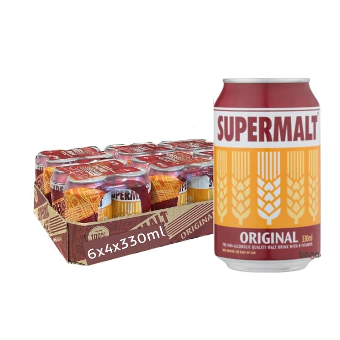 Supermalt Original Non-Alcoholic Vegan Malt Drink with B Vitamins 4 x 330ml (Pack of 6)