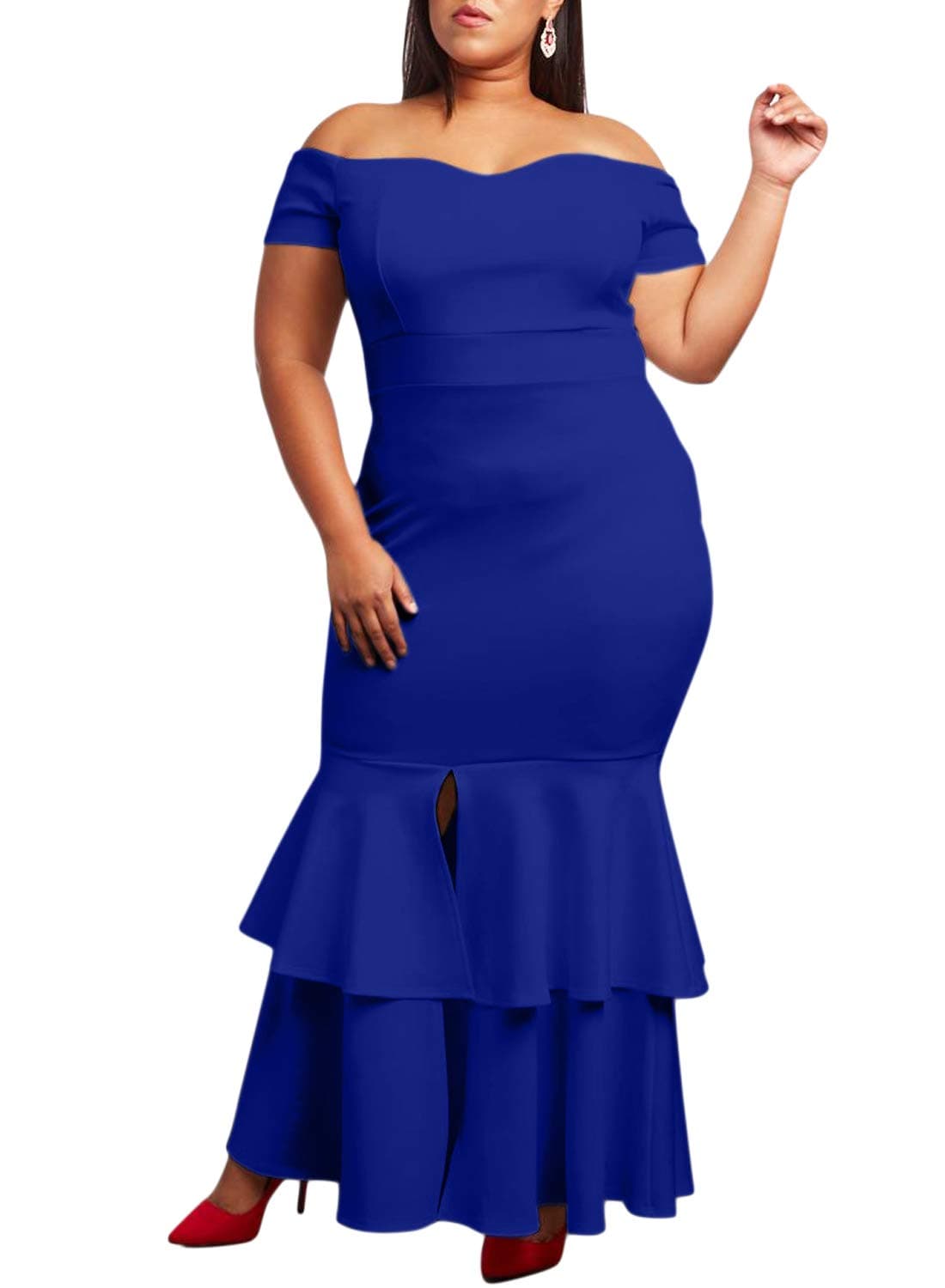 Ecosunny Womens Off Shoulder Bodycon Ruffle Mermaid Plus Size Party Maxi Dress Blue