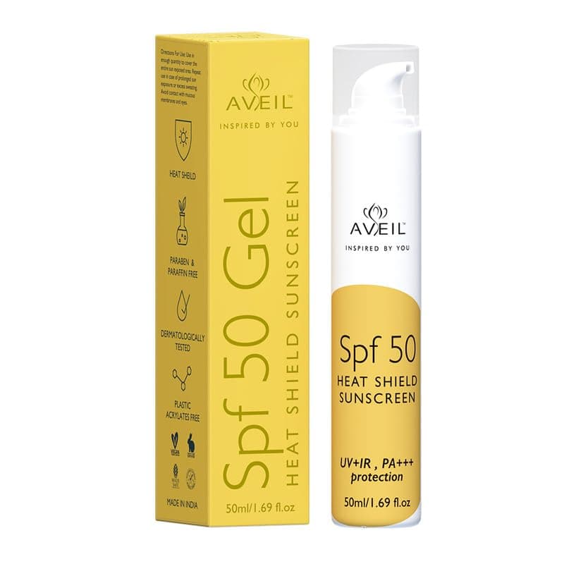 AVEIL Heat Shield Gel SPF 50 Sunscreen With PA+++ - 50ml | Dermatologically Tested For All Skin Types | Suitable for Normal, Oily, Combination & Dry Skin | Paraben & Paraffin free | Sun Protection Fr