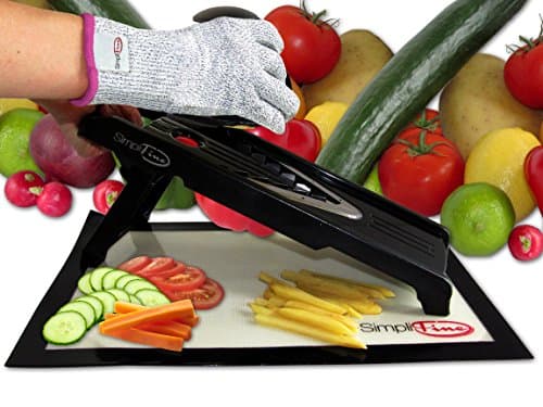SimpliFine Mandoline Slicer with FREE Cut Resistant Gloves (Small) Vegetable Fruit Cutter - Best for Making Quick Healthy Salads - Professional Julienne Mandolin and Cutting Glove - Makes A Great Gift