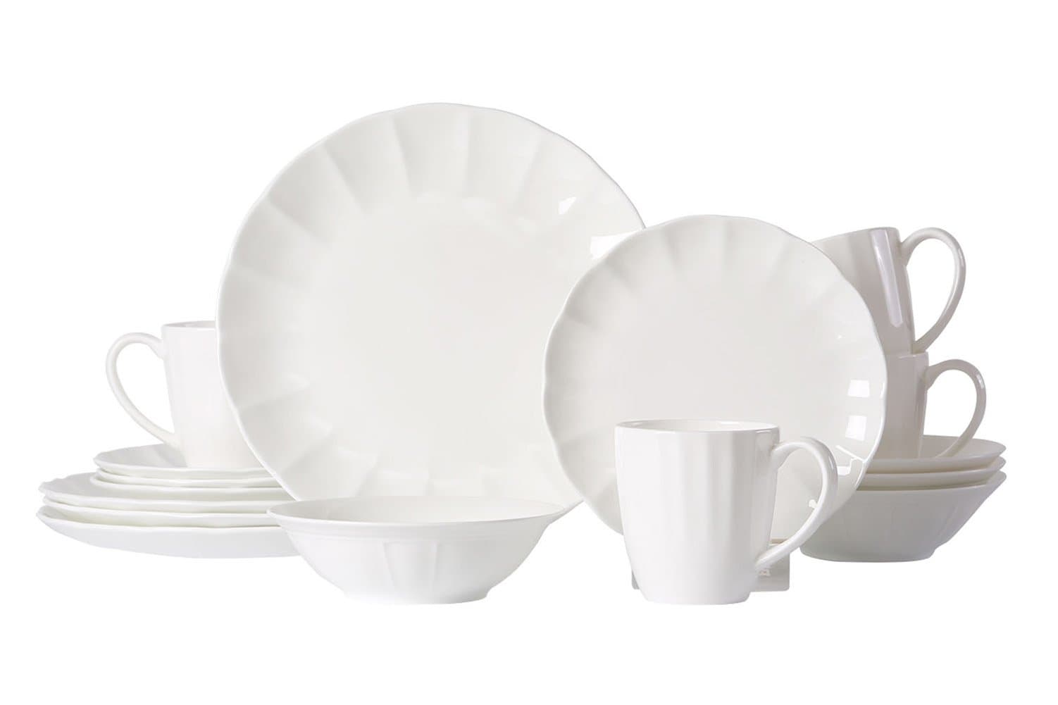 WhitePeony Petal 16-Piece Classic Durable Scallop Bone China Dinnerware Set, Elegant, Service for 4