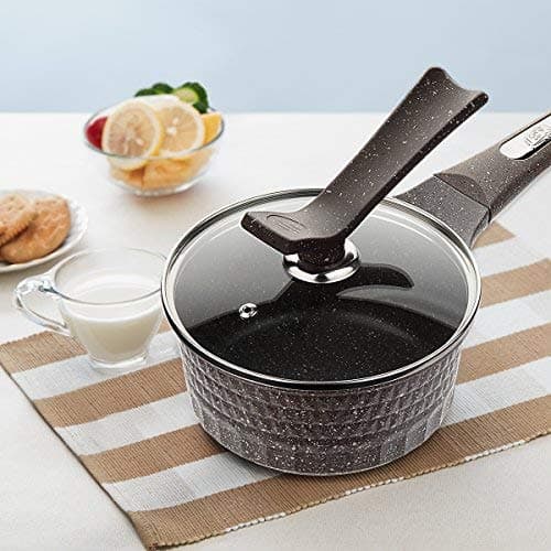 Nonstick Ceramic Marble Coated Sauce Pan With Double Handle Tempered Glass Lid - Multilayer Aluminum Handy Pot Cookware For Sauces and Dips - Easy to Clean!