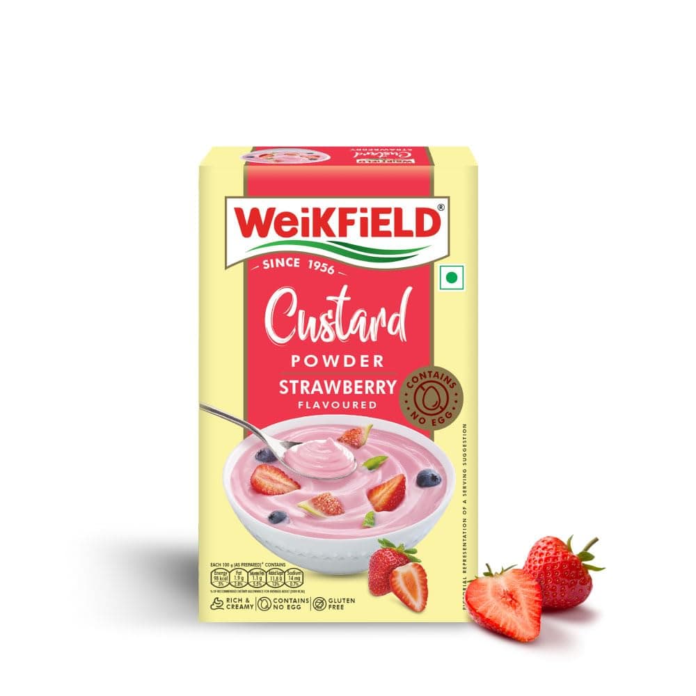 Weikfield Custard Powder | Strawberry Flavour | Makes Smooth & Creamy Custard | Contains Quality Ingredients | Best For Fruit Salads & Puddings | 100% Vegetarian | 75g Carton