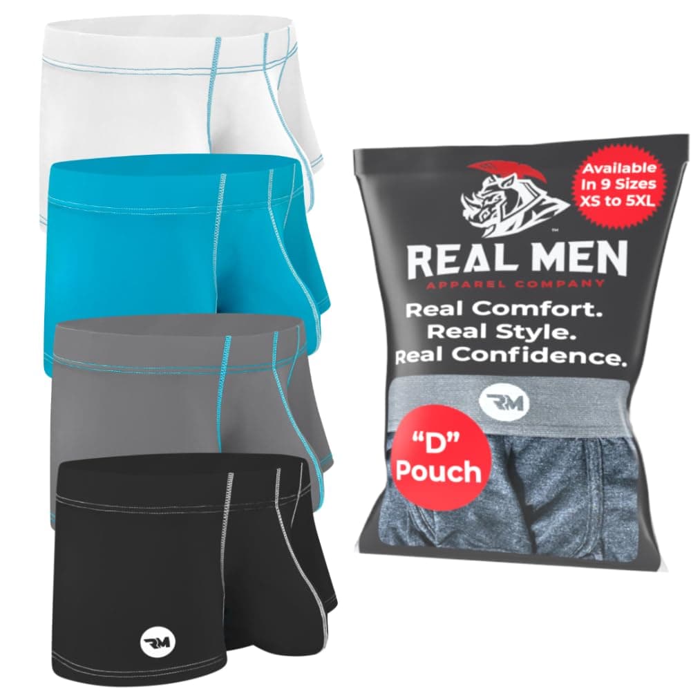 Men's Real Men Boxer Brief Nylon Pouch D 4 Pk (White Black Grey Cyan) Boxer Brief (pack of 4)