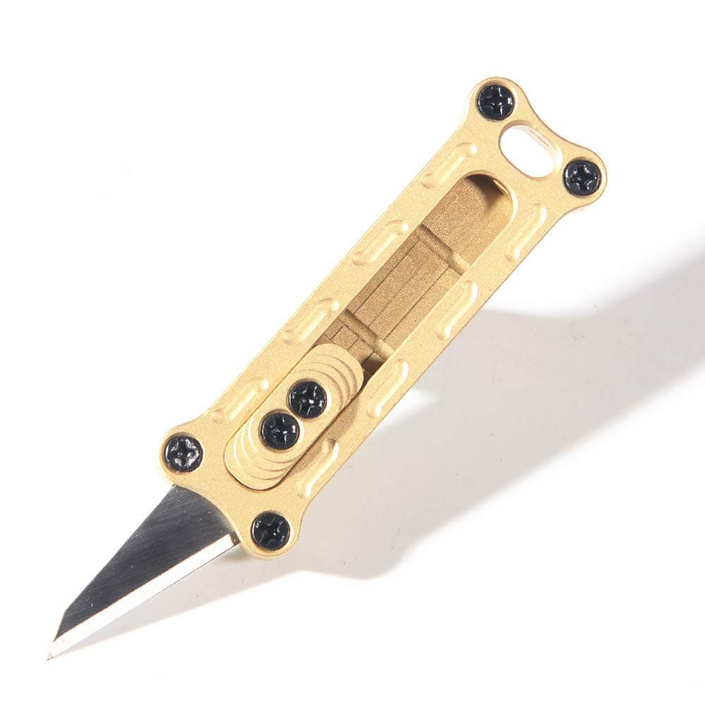 Mini Brass Keychain Utility Knife - Replaceable Blades -Quick Change Folding Pocket Fine Edge Knife - Durable, Ingenious and Compact (Brass Knife)