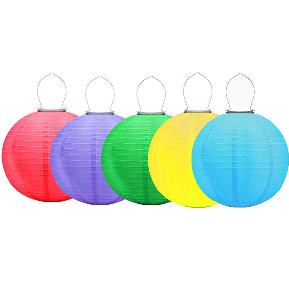 Solar Chinese & Japanese Hanging Lanterns Waterproof Outdoor Nylon LED Lanterns Decorative for Festival and Wedding 8 Inch Lights(5Pack Multicolor)