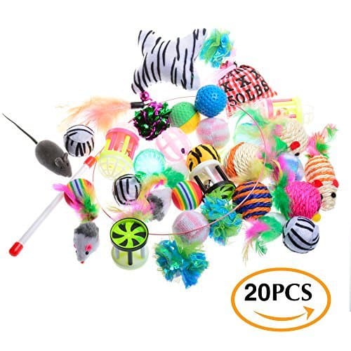 LEDAN PET Cat Toys Variety Pack - 20 Assorted Pieces Cat Wand, Ball Toys, Teaser Mice, Bells, Crinkle Balls, Catnip Toys - Gifts for Cats Kitten Best Kitty Toys Exercise
