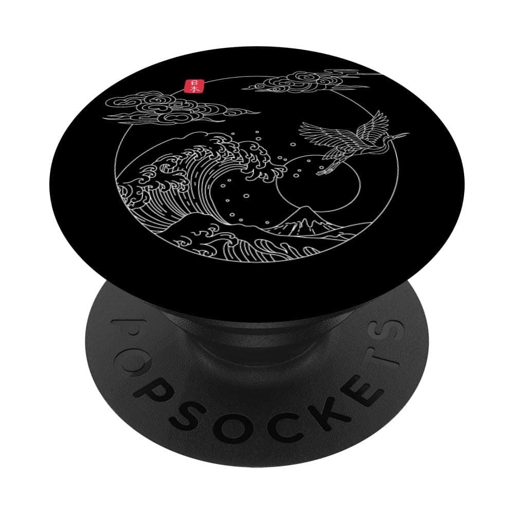 Japanese Vintage Line Art Crane The Great Wave off Kanagawa PopSockets Standard PopGrip