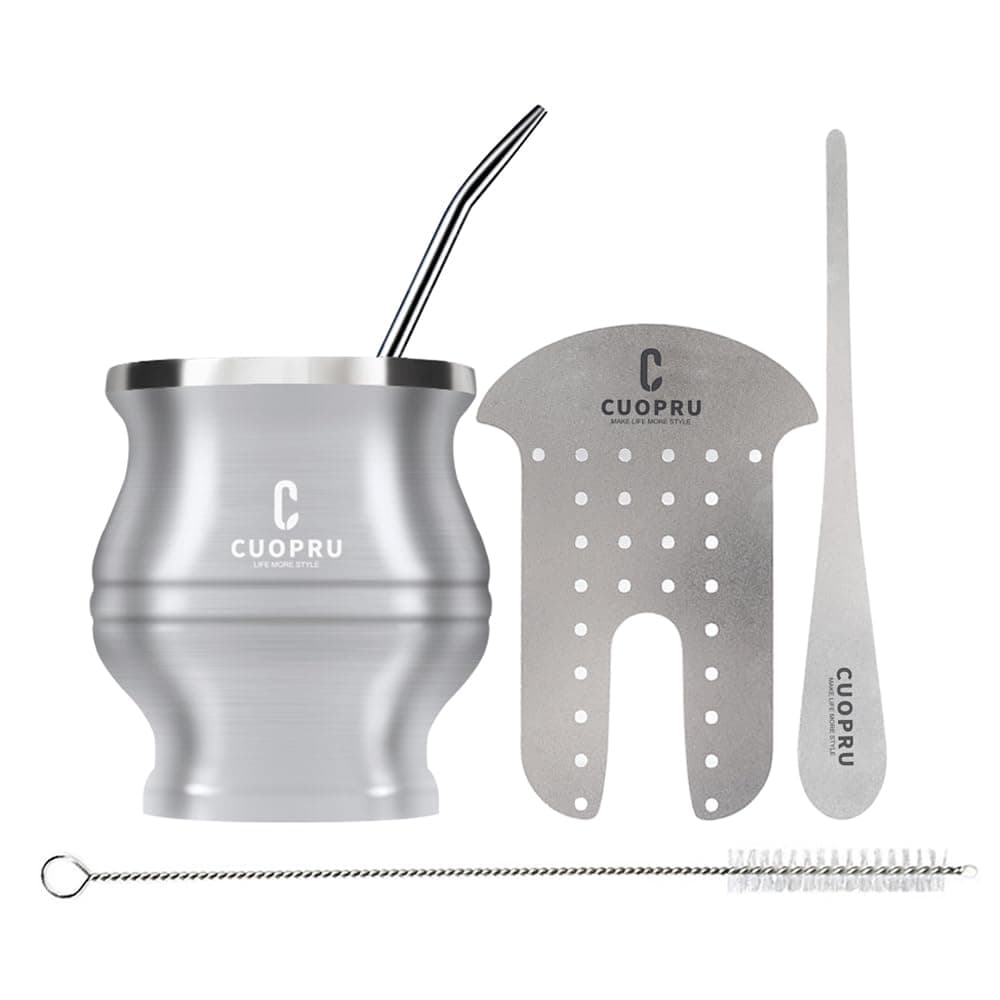 Yerba Mate Cup Bombilla - Mate Gourd Set Includes Double Walled Stainless Steel Tea Cup, Tea Shaper set, Bombilla Straws, Cleaning Brush