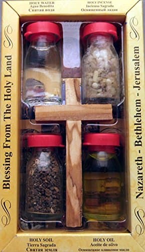 Holy Land souvenir 4 bottle set with a handmade Olivewood cross. All include Holy Earth from Jerusalem, Holy Olive Oil from Bethlehem, Holy Water from the Jordan River and Incense from the Holyland