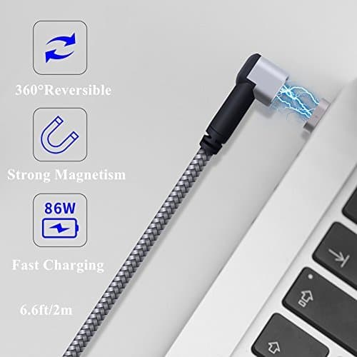Fast Charging Right Angled L Side 86W 4.3A Reversible Magnetic USB Type C to USB C Cable 2M 6.6FT Nylon Braided Cord for MacBook Pro/Chromebook Pixel Other USB-C Notebooks (Gray)