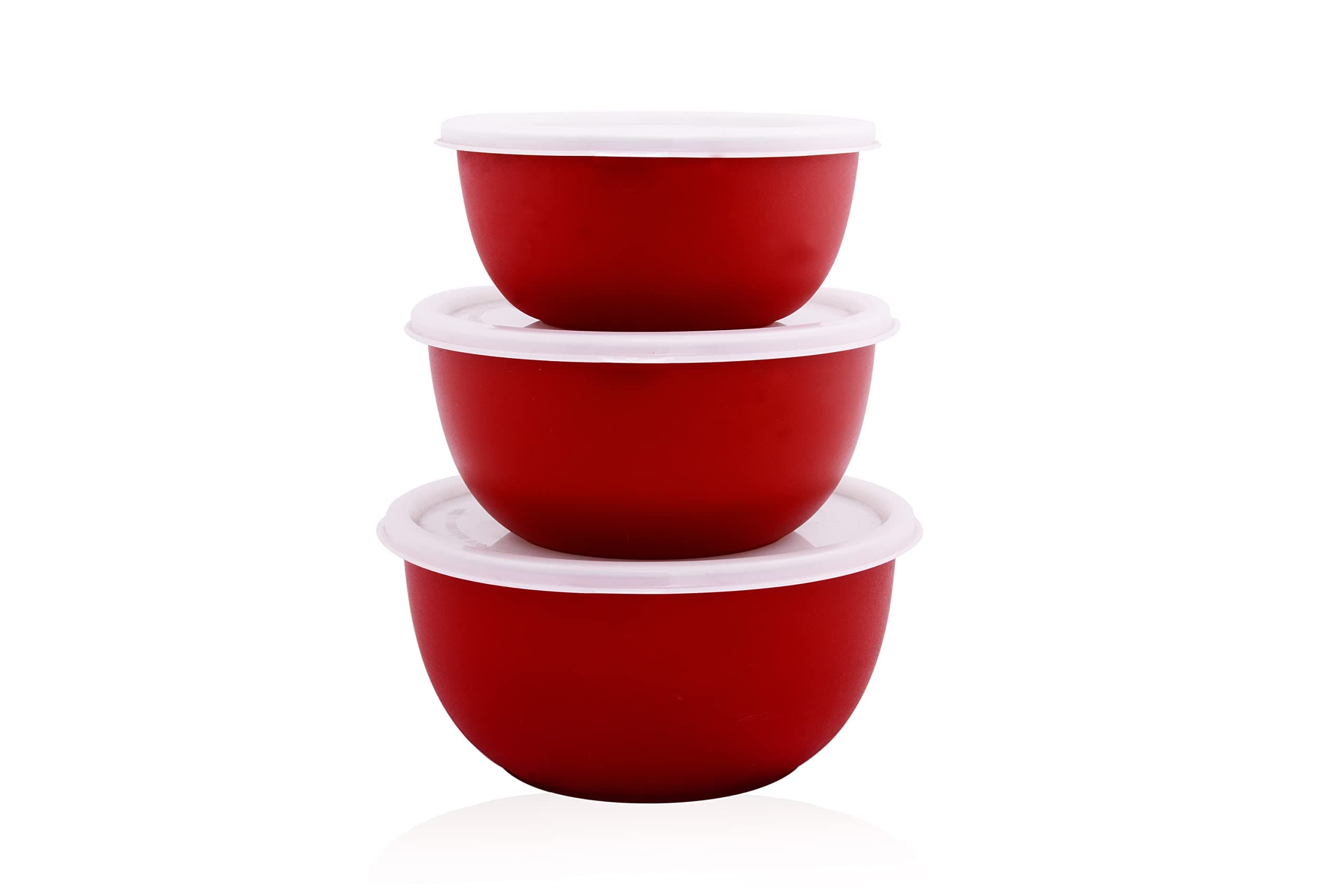 Stainless Steel Microwave Safe Bowls With Lids (14, 16,18 Cm) 3 Pieces Set (Red), 2500 ML