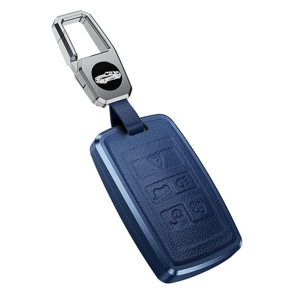 ontto Leather Key Fob Cover Keyring for Land Rover Defender Discovery Sport New Range Rover Evoque Sport Velar Jaguar E-Pace I-Pace accessories Alu Alloy Key Case keychain key Holder Blue