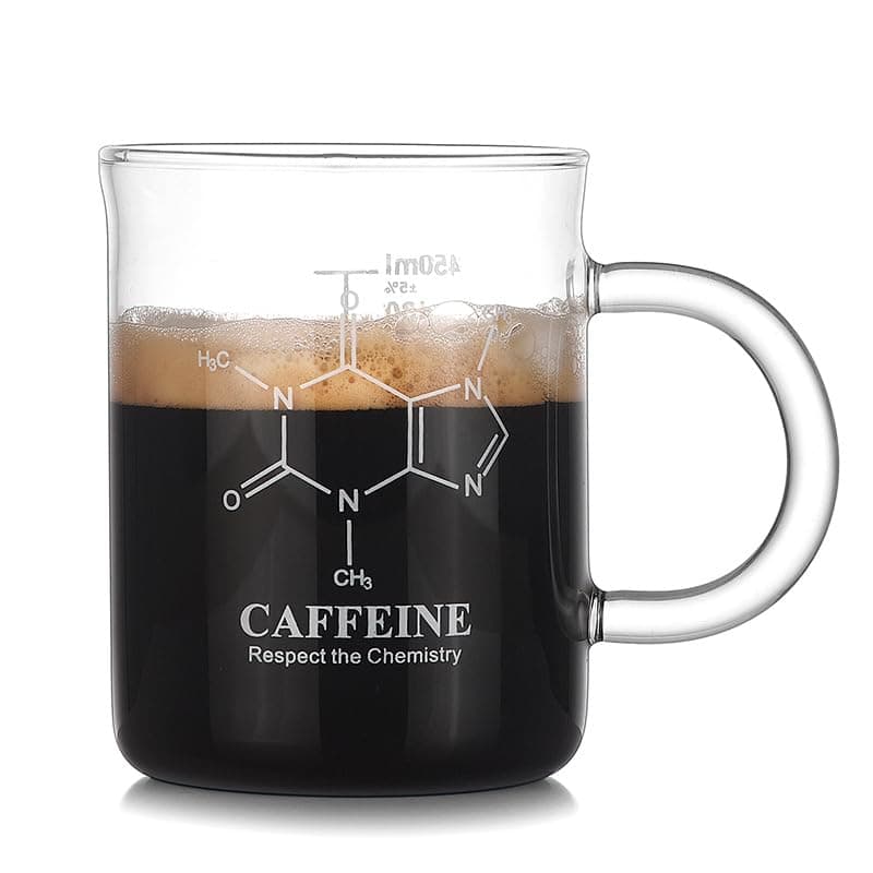 Caffeine Beaker Mug, 16 oz Borosilicate Glass Coffee Mug, Chemistry Inspired Measuring Mug, Unique Coffee Cup for Science Lovers, 450ml Graduated Beaker Design