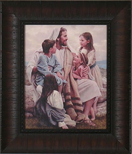 Del Parson Framed Picture of Jesus Perfect Love with Children, Canvas Photograph, Classic Style, Earthy Tones, UV Resistant, Ready to Hang, Living Room Decor