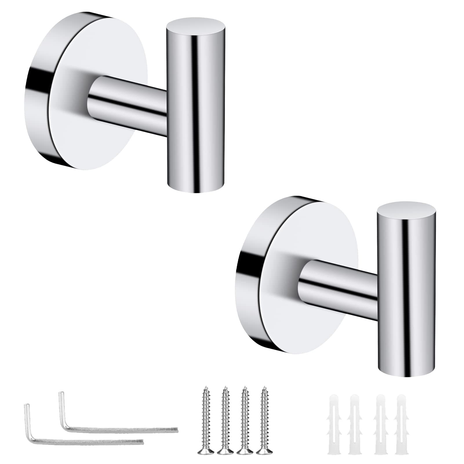 NeweenTowel Hooks for Bathroom, 2 Packs Wall Mount Towel Holder, Chrome Wall Robe Hook, Stainless Steel Heavy Duty Door Hanger Clothes Towel Hook for Kitchen, Bedroom, Hotel, Pool, Office
