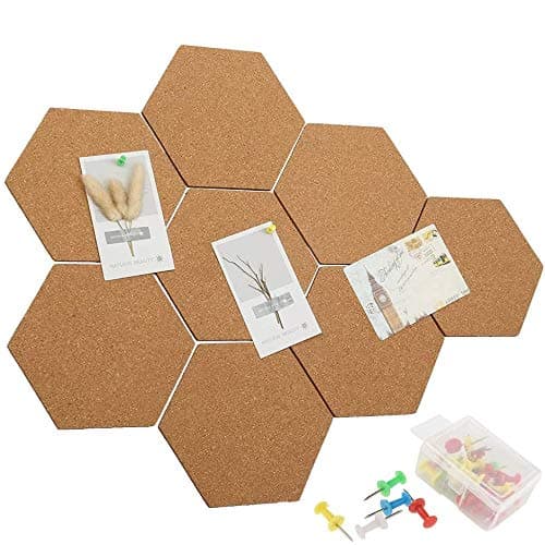 upain Hexagon Cork Board Tiles Adhesive Cork Memo Board DIY Wall Bulletin Board with 40 Push Pins for Pictures Notice Photos Drawing Home Office Decoration 8 Pieces