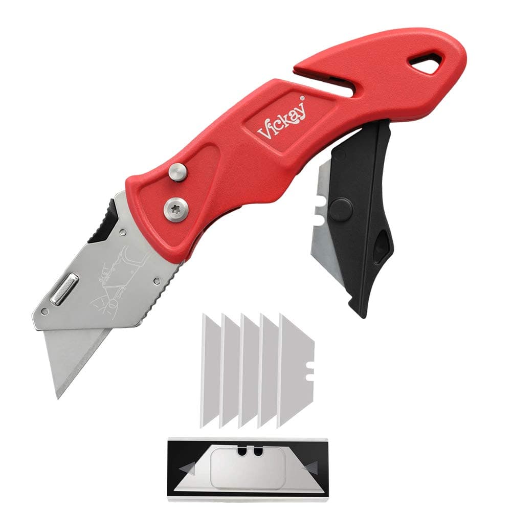 Folding Pocket Utility Knife Heavy Duty Box Cutter with 5 Sk5 Quick Change Blades, Blades Storage Compartment Belt Clip and Wire Stripping Safe Lock-Back Design Lightweight Body for Office Home