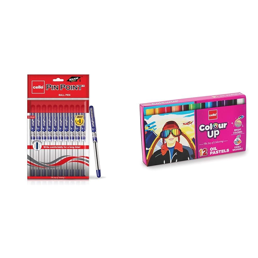 Cello - Pinpoint Blue Ball Pens, Set of 10 | Best for Students & Colourup Oil Pastels-12 Shades|Bright Colours For Kids|Non-Toxic Colouring Range|Adventure Themed Pack Ideal For Gifting|Multicolor