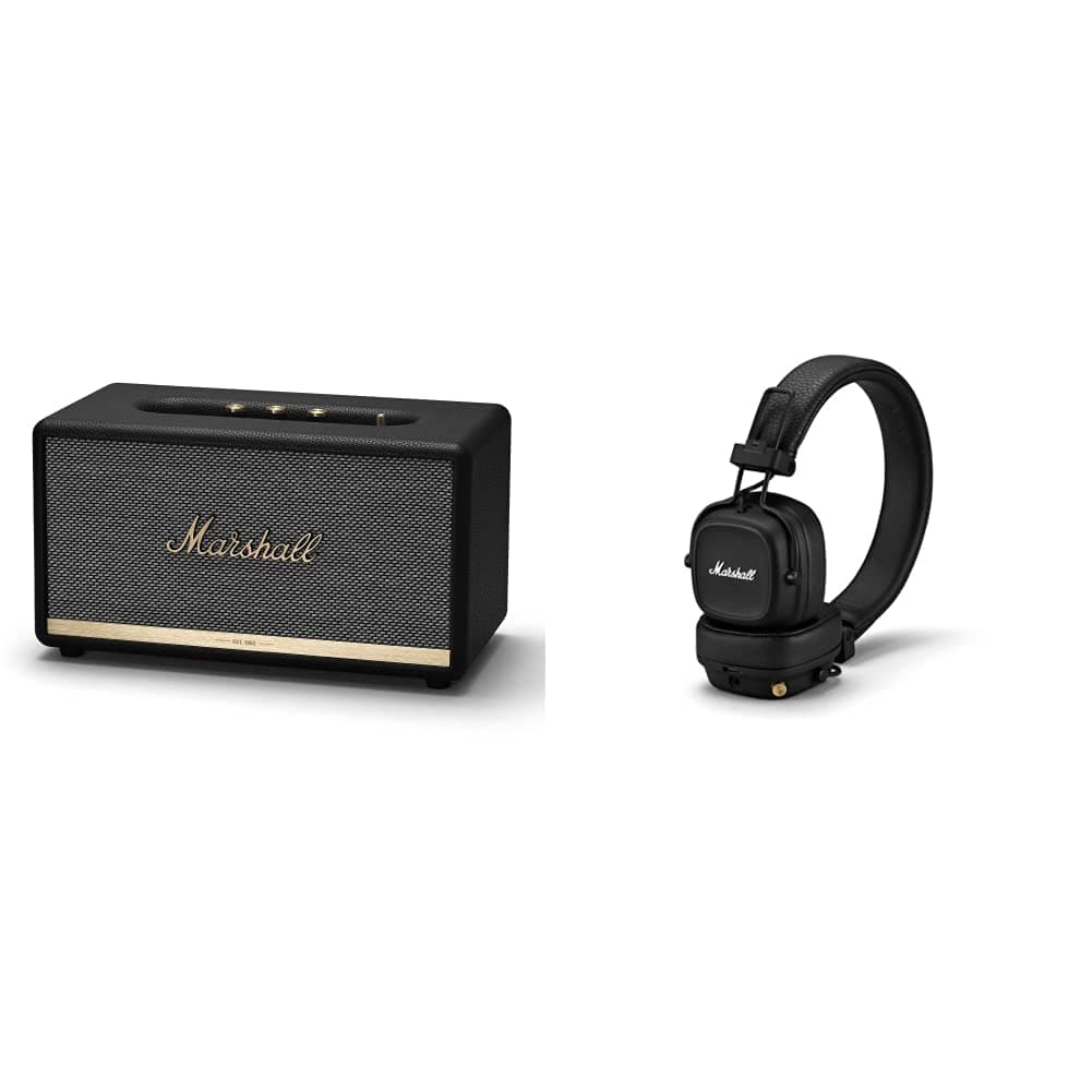 Marshall Stanmore II Wireless Bluetooth Speaker - Black (UK) & Major IV On Ear Bluetooth Headphones, Wireless Earphones, Foldable, 80 Hours Wireless playtime- Black