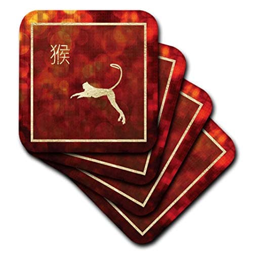 3dRose Gold Monkey Leaping, Fire and Lights, Orange, Red, Sign of The Monkey - Soft Coasters, Set of 8 (CST_220554_2)
