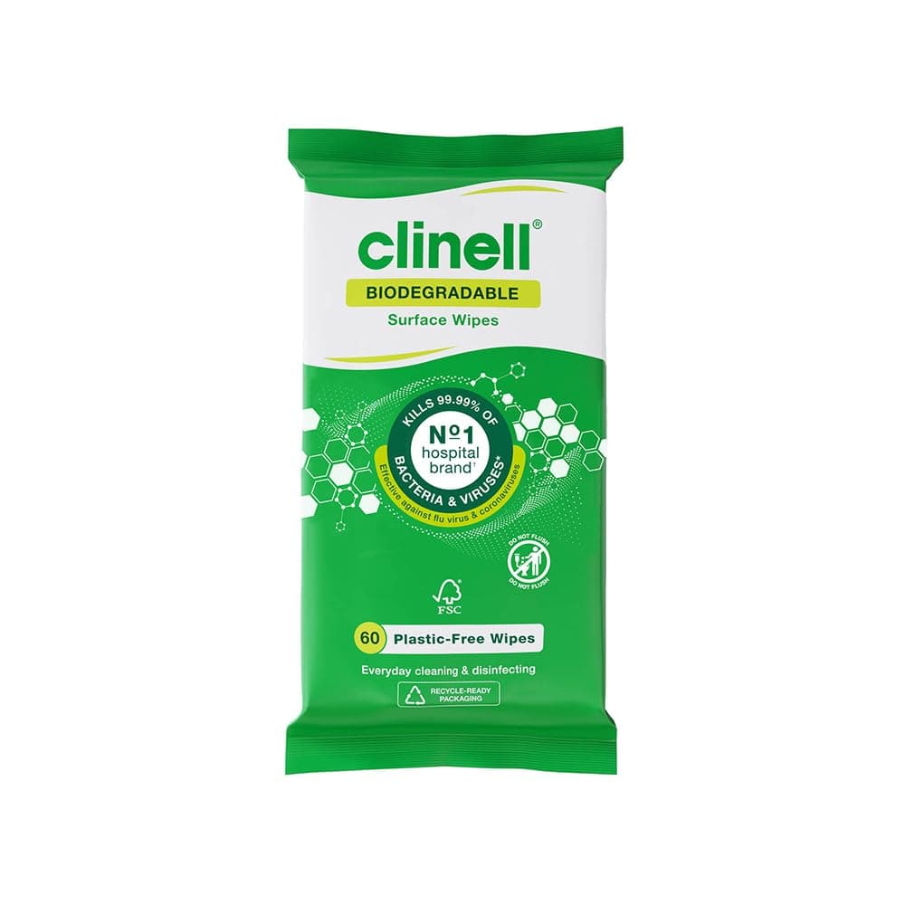 Clinell Universal Biodegradable Cleaning and Disinfectant Wipes for Surfaces - Pack of 60 - Plastic Free - Multi-Purpose Wipes, Kills 99.99% of Bacteria & Viruses, Neutral Scent