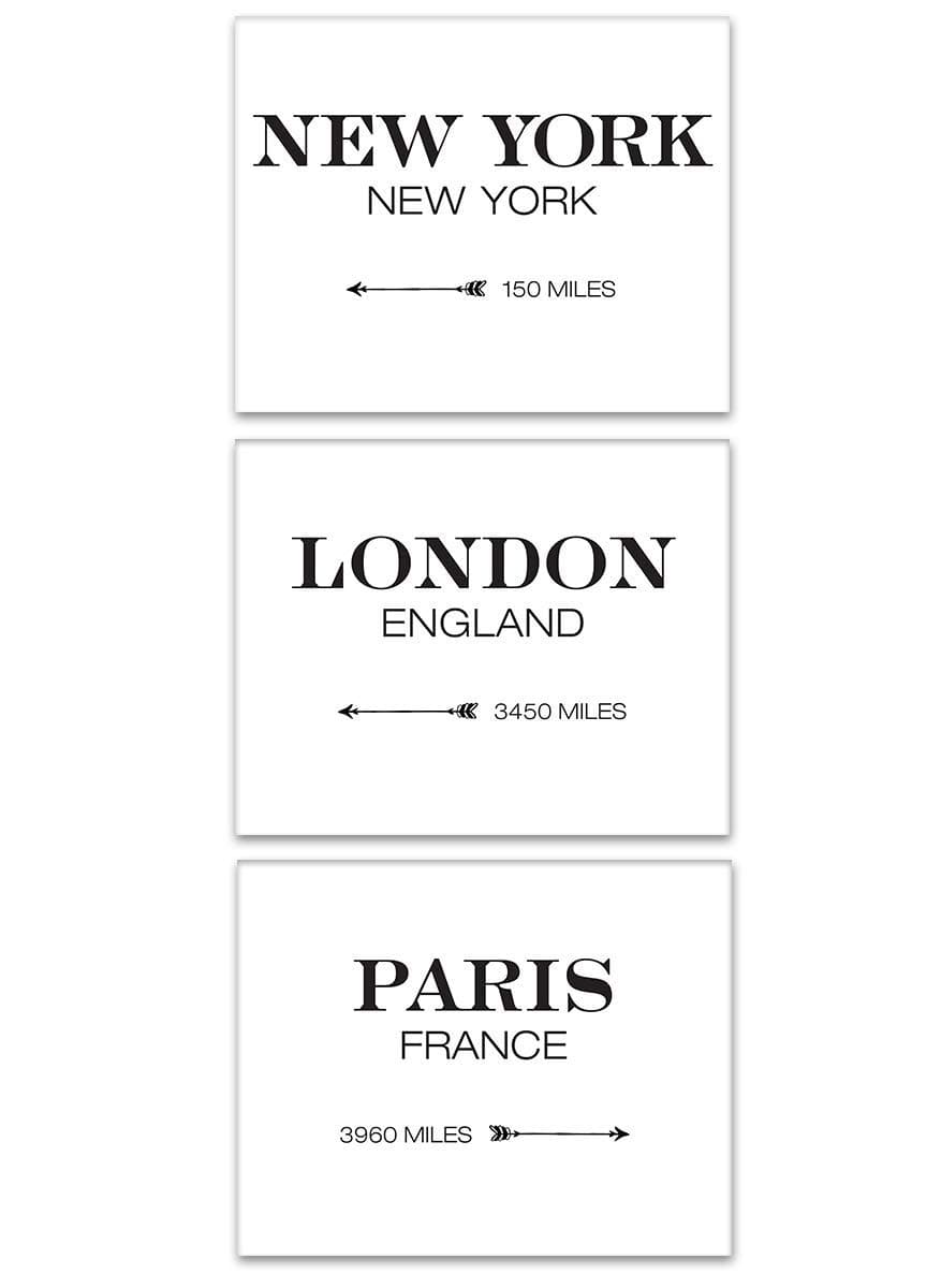 London New York Paris Directional Mileage Signs - Set of 3-11x14 Unframed Typography Art Prints Posters - Great Restaurant, Bar and Home Decor and Gift Under $20