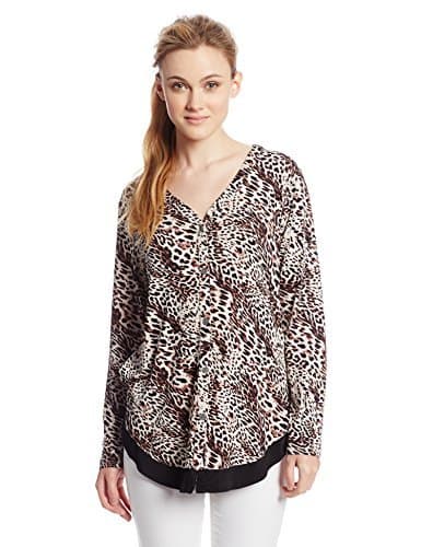 Anne Klein Women's 3/4 Sleeve Button Front Print Top Poly Span Jersey