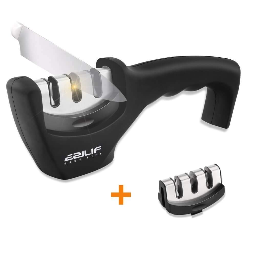 Knife Sharpener EZILIF Kitchen Knife Sharpener Kit with 3-Stage for Repair Restore and Polish Knives Blades with 1 More Spare Replace Sharpeners Included