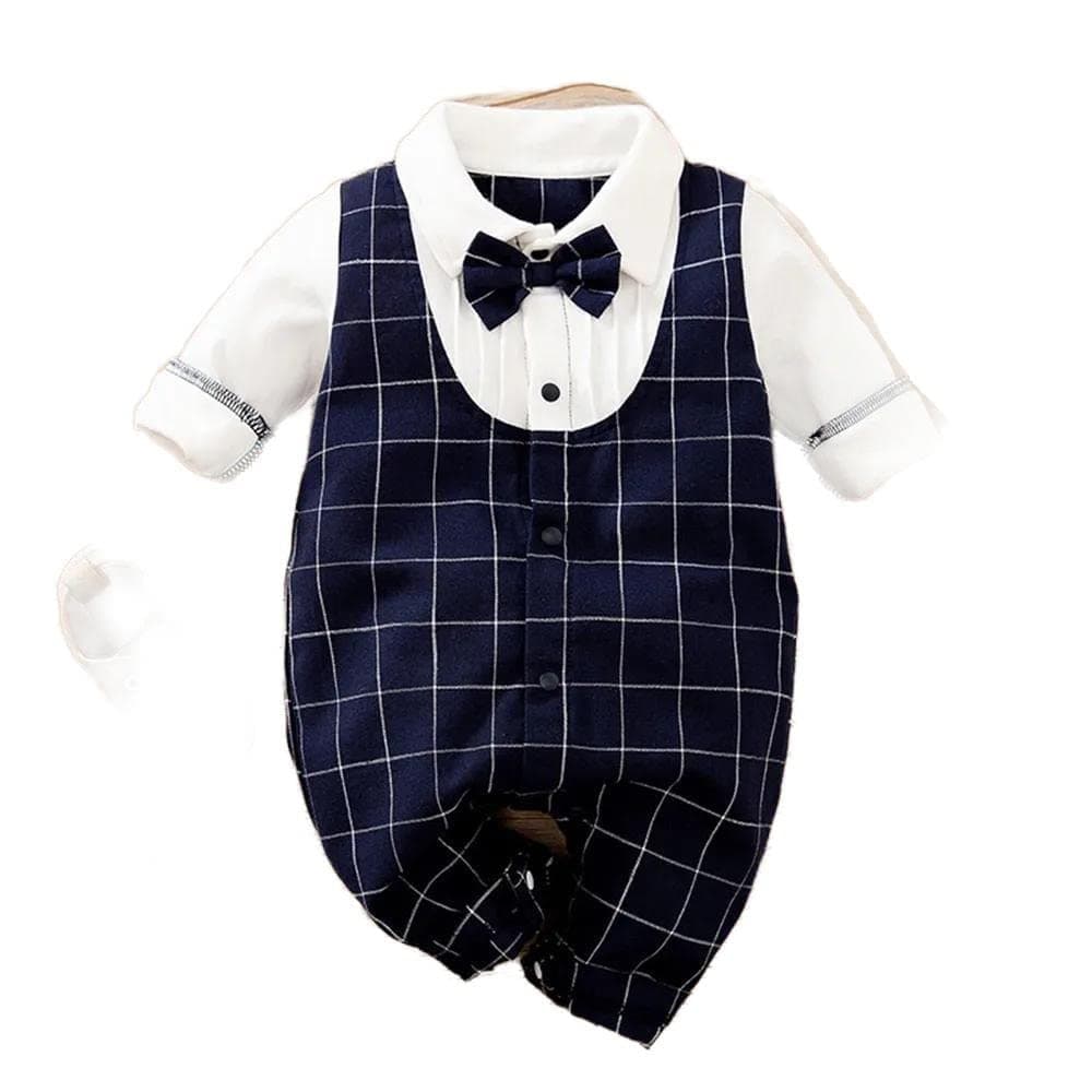 HopscotchSi Noir Boys Cotton Full Sleeves Checked Printed Applique Bow Checked Printed Bodysuit in Navy Color